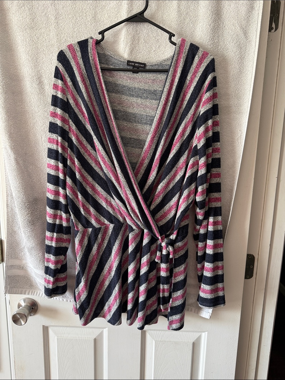 Lane Bryant Navy, Pink & Gray Striped Wrap Cardigan